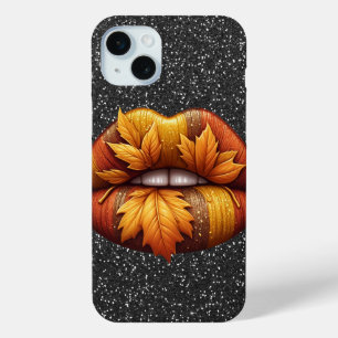 ZWARTE GLITTER LOOK MET GOUDEN GLANZENDE LIPPEN iPhone 15 MINI HOESJE