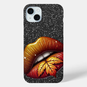 ZWARTE GLITTER LOOK MET GOUDEN GLANZENDE LIPPEN iPhone 15 MINI HOESJE
