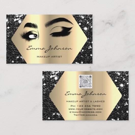 Zwarte Glitter Makeup Artist Lashes QR-code Visitekaartje (Voorkant / Achterkant)