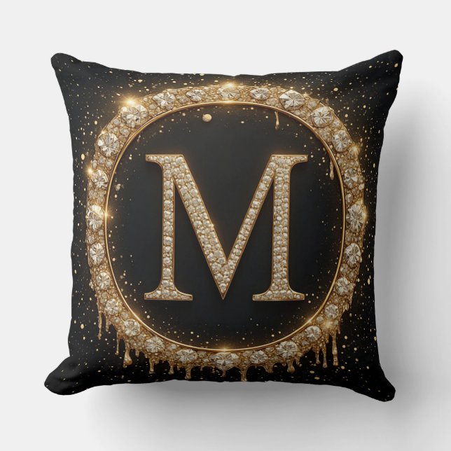 Zwarte Glitter Monogram Letter M Voor Minimaal Sti Kussen (Voorkant)