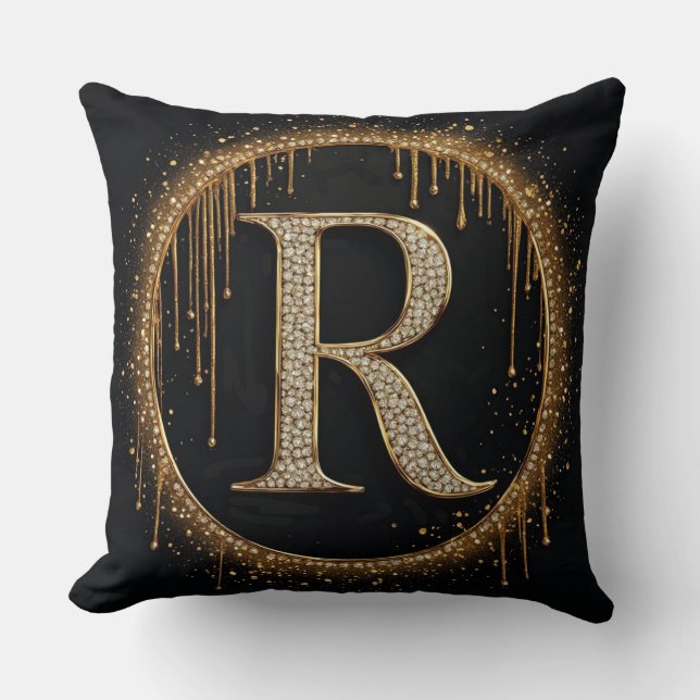 Zwarte Glitter Monogram Letter R Voor Koninklijke  Kussen (Voorkant)