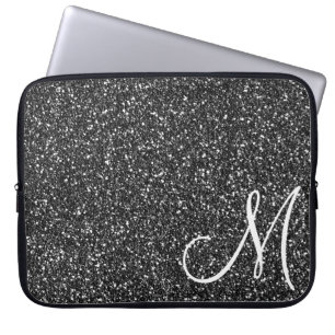 Zwarte Glitter Monogram Modieus Laptop Sleeve