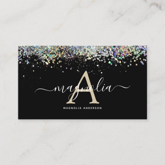 Zwarte Glitter Monogram Sparkle Visitekaartje (Voorkant)