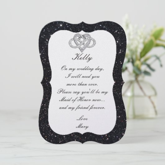 Zwarte Glitter Oneindig Hart Bruidsmeisje Kaart (Staand voorkant)