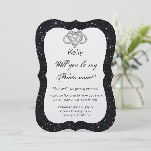 Zwarte Glitter Oneindigheid Hart Bruidsmeisje Kaar Kaart (Staand voorkant)