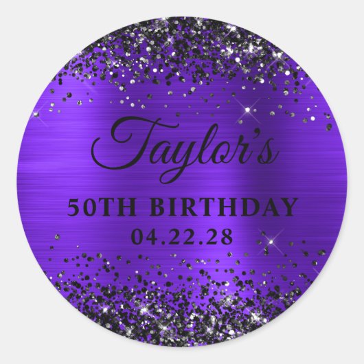 Zwarte Glitter Paarse Folie 50e Verjaardag Ronde Sticker (Voorkant)