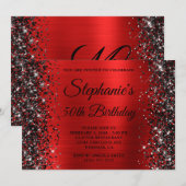 Zwarte Glitter Rode Fantasie Monogram 50ste Verjaa Kaart (Voorkant / Achterkant)