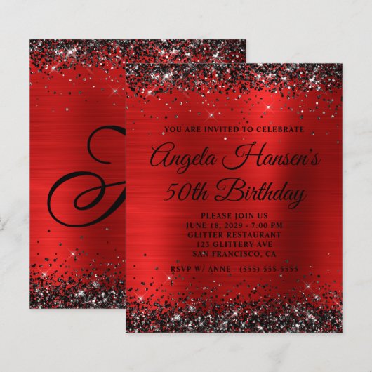 Zwarte Glitter Rode Folie Monogram 50ste Verjaarda (Voorkant / Achterkant)