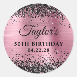 Zwarte Glitter Roze Folie 50ste Verjaardag Ronde Sticker