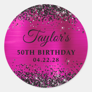 Zwarte Glitter Roze Folie 50ste Verjaardag Ronde Sticker