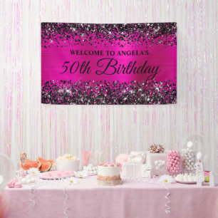 Zwarte Glitter Roze Folie 50ste Verjaardag Welkom Spandoek