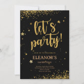 Zwarte Glitter Shiny Let's Party Birthday Kaart (Voorkant)