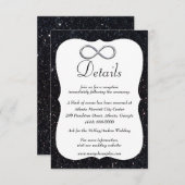 Zwarte Glitter Silver Infinity Wedding Details Informatiekaartje (Voorkant / Achterkant)