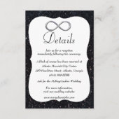 Zwarte Glitter Silver Infinity Wedding Details Informatiekaartje (Voorkant)