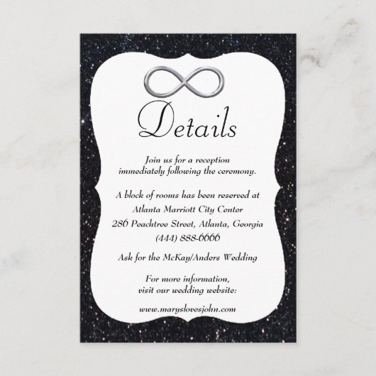 Zwarte Glitter Silver Infinity Wedding Details Informatiekaartje (Voorkant)