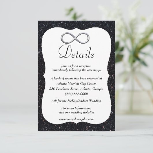 Zwarte Glitter Silver Infinity Wedding Details Informatiekaartje (Staand voorkant)