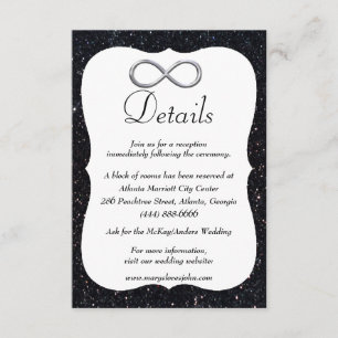 Zwarte Glitter Silver Infinity Wedding Details Informatiekaartje