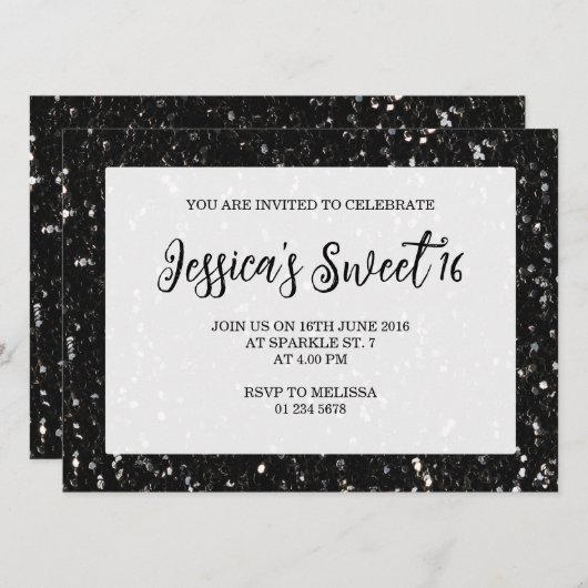 Zwarte glitter sparkles Sweet 16 elegant script Kaart (Voorkant / Achterkant)