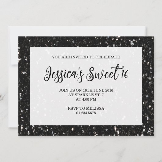 Zwarte glitter sparkles Sweet 16 elegant script Kaart (Voorkant)