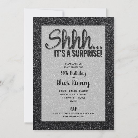 Zwarte Glitter SURPRISE Birthday-uitnodigingen (Voorkant)