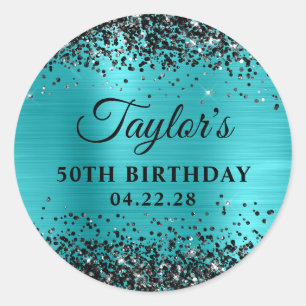 Zwarte Glitter Turquoise Blauwe Folie 50ste Verjaa Ronde Sticker