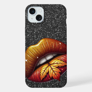 ZWARTE GLITTER UITERLIJK MET GOUDEN GLANZENDE LIPP iPhone 15 PLUS CASE