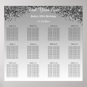 Zwarte Glitter Verjaardag Alfabetisch Zitplan Poster