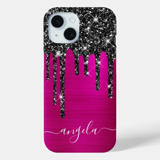 Zwarte Glitterdruppels Hot Pink Glam Handtekening Case-Mate iPhone Case (Achterkant)