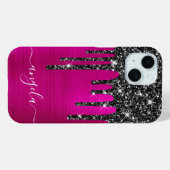 Zwarte Glitterdruppels Hot Pink Glam Handtekening Case-Mate iPhone Case (Achterkant (horizontaal))