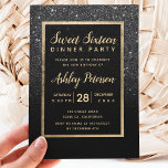 Zwarte glittergoudtypografie Sweet 16 Kaart<br><div class="desc">Een modern,   en elegant faux goud en zwart glitter douchecombre met zwarte kleurstof Sweet 16 party nodigt uit met een zwart glitter ombre patroon dat vervaagt op een zwarte achtergrond met elegant goud lijst Perfect voor een zoete 16 verjaardagsfeestje.</div>