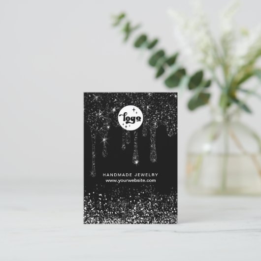 zwarte glitterkaart met druppelaar visitekaartje (Staand voorkant)