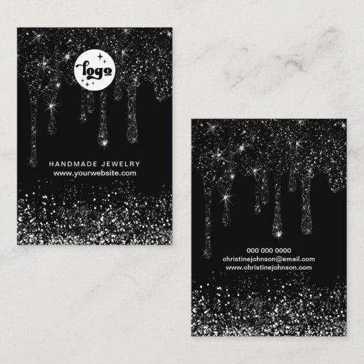 zwarte glitterkaart met druppelaar visitekaartje (Voorkant / Achterkant)