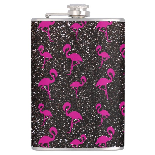 Zwarte glitterroze flamingo heupfles (Voorkant)