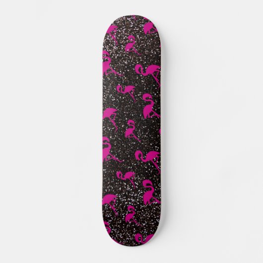Zwarte glitterroze flamingo skateboard (Voorkant)
