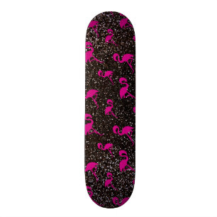 Zwarte glitterroze flamingo skateboard