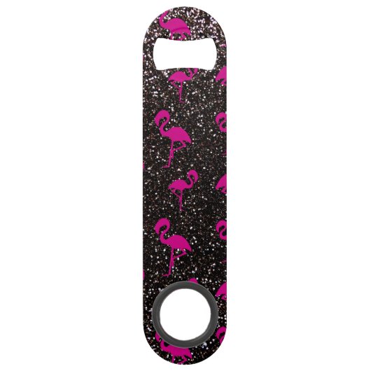 Zwarte glitterroze flamingo speed flessenopener (Voorkant)