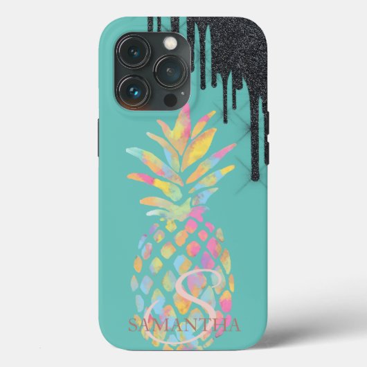 Zwarte Glitters Drips Ananas Mint Groen Case-Mate iPhone Case (Achterkant)