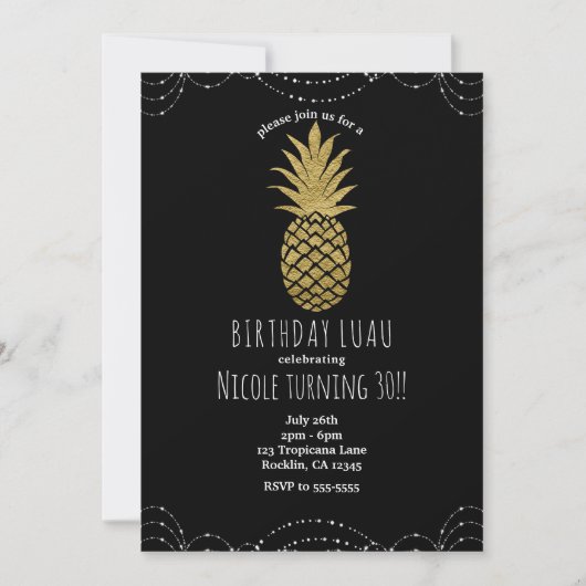 Zwarte glitters glanzende ananas feest uitnodiging (Voorkant)
