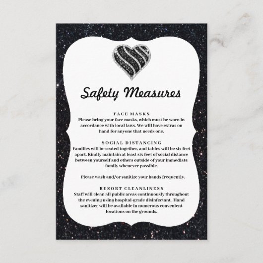 Zwarte Glitters Zwart & Witte Hart Veiligheidsmaat Informatiekaartje (Voorkant)