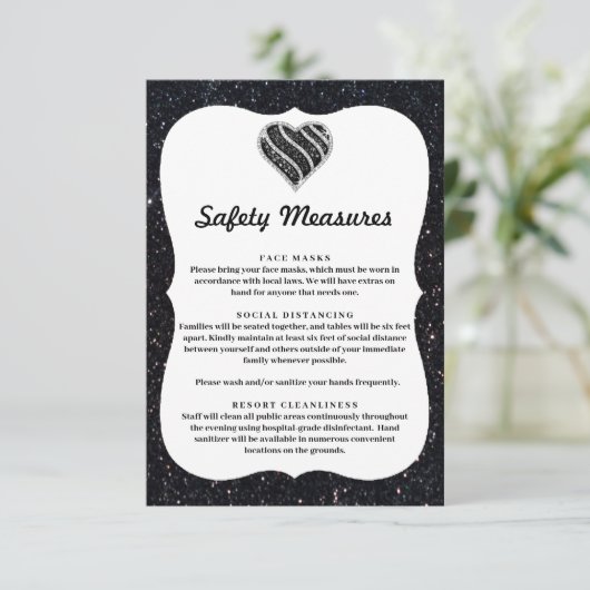 Zwarte Glitters Zwart & Witte Hart Veiligheidsmaat Informatiekaartje (Staand voorkant)