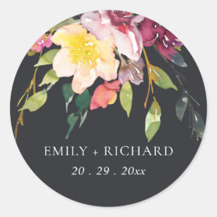 ZWARTE GLOWEN ZWART BURGUNDY FLORAL BUNCH WEDING RONDE STICKER