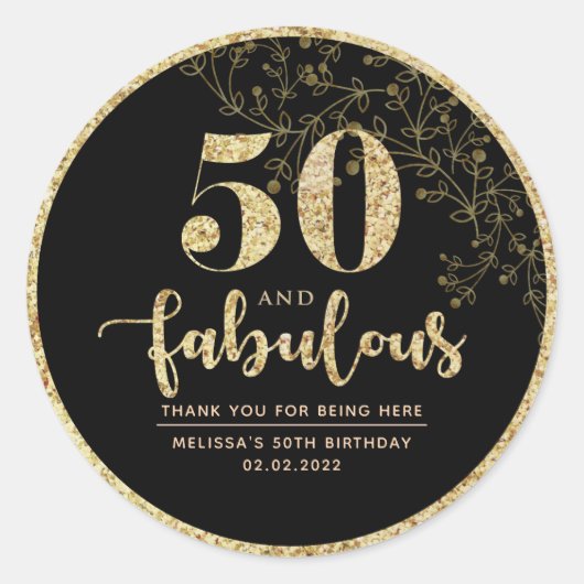 Zwarte & Gold 50e verjaardag feestdag Ronde Sticker (Voorkant)