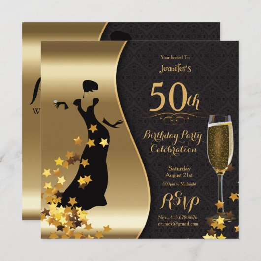 Zwarte & Gold Art Deco 50th Birthday Invitation Kaart (Voorkant / Achterkant)