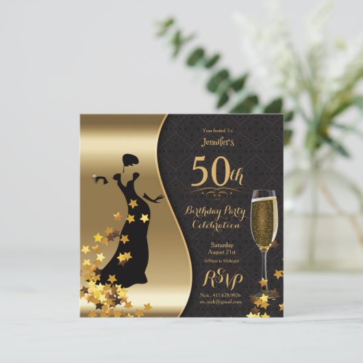 Zwarte & Gold Art Deco 50th Birthday Invitation Kaart