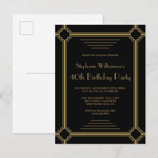 Zwarte & Gold Art Deco Border Birthday Party Uitnodiging Briefkaart (Voorkant / Achterkant)