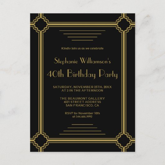 Zwarte & Gold Art Deco Border Birthday Party Uitnodiging Briefkaart (Voorkant)