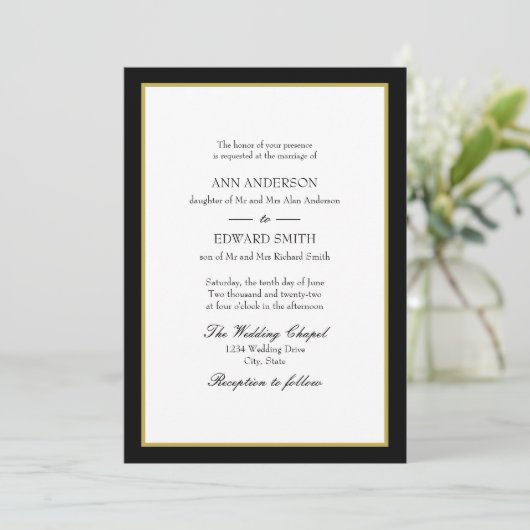 Zwarte Gold Border - Bride Groom Wedding Invitatio Kaart (Staand voorkant)