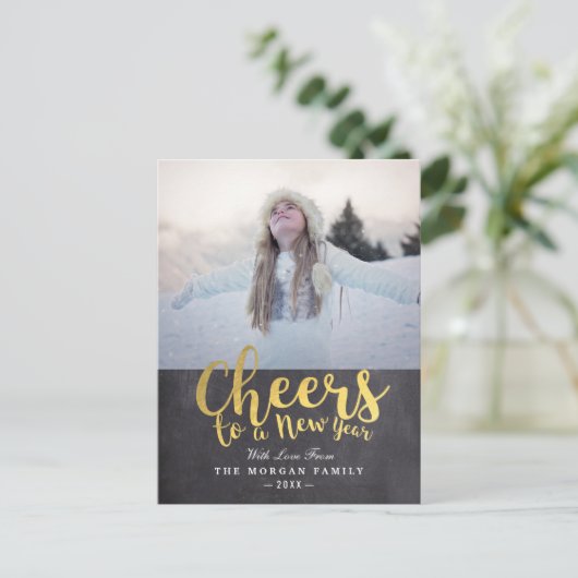 Zwarte & Gold Cheers Nieuwjaar scriptpagina Greep Feestdagenkaart (Staand voorkant)