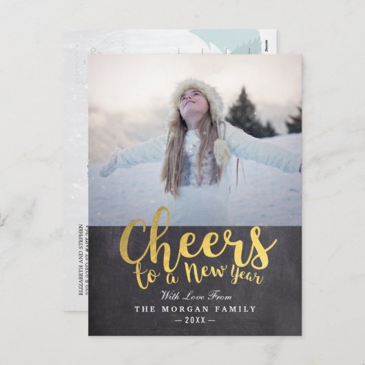 Zwarte & Gold Cheers Nieuwjaar scriptpagina Greep Feestdagenkaart (Voorkant / Achterkant)