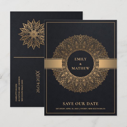 ZWARTE GOLD CLASSIC  MANDALA BEWAART DE DATUM AANKONDIGINGSKAART (Voorkant / Achterkant)